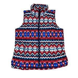 Lands End Down Puffer Vest Womens M Red Blue Chevron Fair Isle Nordic Ski Hiking
